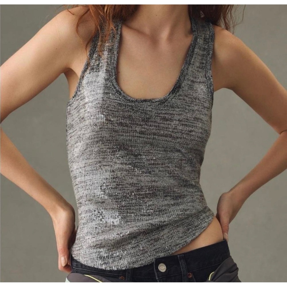 Pilcro Anthropologie Sequin Racerback Tank Top Large Grey Metallic Knit